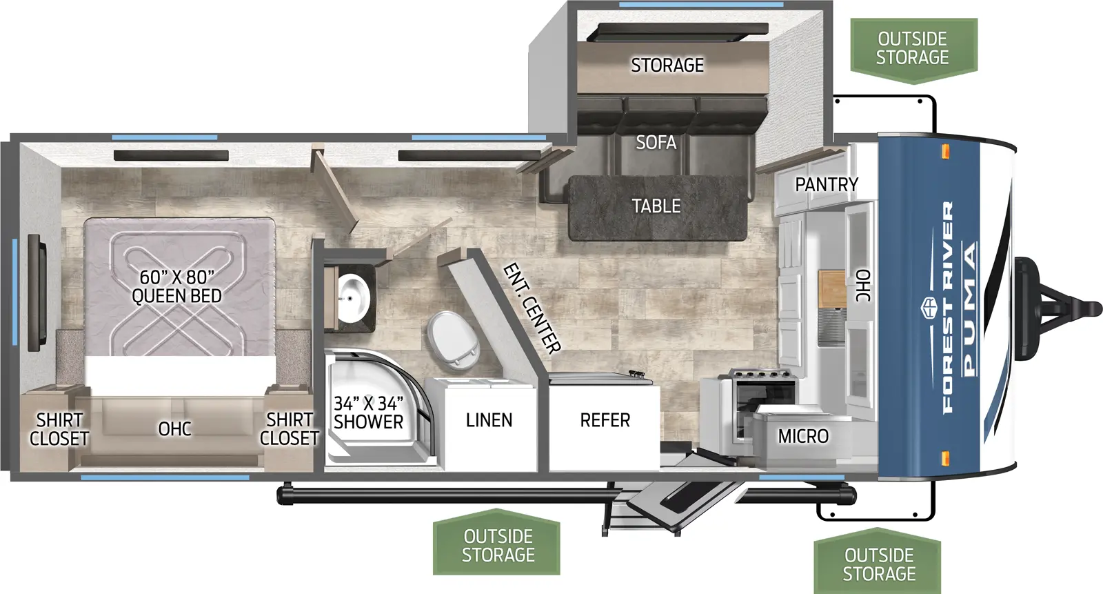 The Puma 22FKQ floorplan has one entry and one slide out. Exterior features include: metal exterior and 19' awning. Interiors features include: front kitchen and rear bedroom.